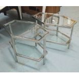 SIDE TABLES, a pair, lozenge design with glass top and shelf on a chromed metal frame,