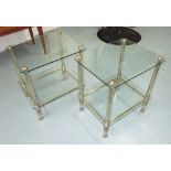 LOW TABLES, a pair, 1970's silvered metal framed, and two glass plate shelves, 40cm x 50cm x 55cm H.