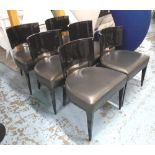 DINING CHAIRS, a set of six, black lacquer effect framed with a curved back and padded seat,