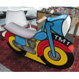 FAIRGROUND MOTORCYCLE, metal in painted finish with upholstered seat, 125cm L x 95cm H x 42cm W.