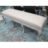 WINDOW SEAT, in neutral fabric on painted claw supports, 159cm x 46cm x 56cm H.