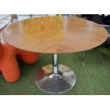 CAFE TABLE, circular quarter veneered walnut on polished aluminium graduated base, 110cm diam.