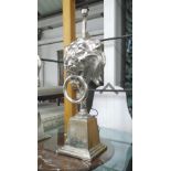 TABLE LAMP, of large proportions with lion mask, in chromed metal finish, 97cm H.
