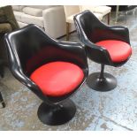 TULIP ARM STYLE CHAIRS, a set of four, Saarinen style, black with red leather seat cushions,