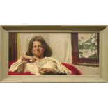 HOWARD MORGAN RP (British, b.1949) 'Portrait of a Seated Lady', oil on canvas, 51cm x 107cm framed.