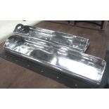 DRINKS TRAYS, a pair, polished white metal with handles, 84cm x 23cm.