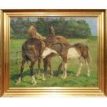 RUSSIAN SCHOOL, 'Horses', oil on canvas, signed with initials 'EB', lower right, 63cm x 78cm,