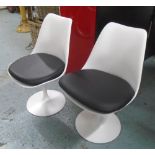 TULIP CHAIRS, a set of six, Saarinen style, white with black leather seat cushions,