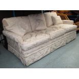 SOFA, three seater, in cream damask, 91cm D x 84cm H x 190cm W.