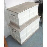 BLANKET BOXES, a set of two, white painted base limed tops, 90cm L x 45cm W x 50cm H.