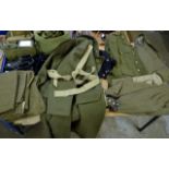 MILITARY UNIFORM COLLECTION INCLUDING JACKETS, OVER COAT, TROUSERS, BOOTS, BAGS, MESS TINS ETC
