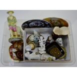 BOX CONTAINING ORIENTAL STYLE FIGURINE DISPLAY, ROYAL DOULTON DISPLAY PLATE, MASON'S STYLE PLATE,