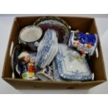 BOX CONTAINING BLUE & WHITE TUREENS, CHARACTER JUGS, FIGURINE ORNAMENTS, MIXED CERAMICS, ROYALTY