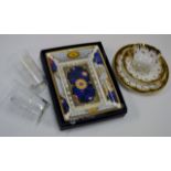 TRAY CONTAINING ROYAL WORCESTER MILLENNIUM DISH, PAIR OF EMPIRE EXHIBITION 1938 GLASS BEAKERS &