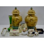 TRAY CONTAINING PAIR OF LIDDED GINGER JARS, MINIATURE ROYAL AL BERT TEA WARE, PAINTED GLASS VASE,