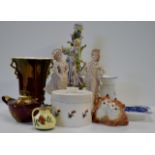 TRAY CONTAINING BESWICK DOUBLE CAT ORNAMENT, PAIR OF GERMAN STYLE FIGURINE DISPLAYS, CARLTON WARE