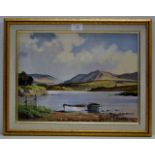 PAIR OF FRAMED OIL PAINTINGS ON CANVASES "MOORED ROWING BOATS AT THE LOCH SIDE" SIGNED DON