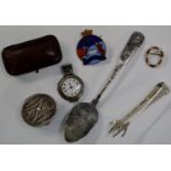 PAIR OF SHEFFIELD SILVER SUGAR TONGS, OLD PROVINCIAL SILVER SPOON, OLD LEATHER JEWELLERY BOX,