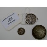 1937 MAUNDY SILVER 3 PENCE COIN, 1769 THERESIA SILVER COIN PENDANT & 1944 1 RUPEE COIN