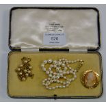 NATURAL PEARL NECKLACE WITH 9 CARAT GOLD CLASP, CULTURED PEARL NECKLACE & ROLLED GOLD CAMEO BROOCH