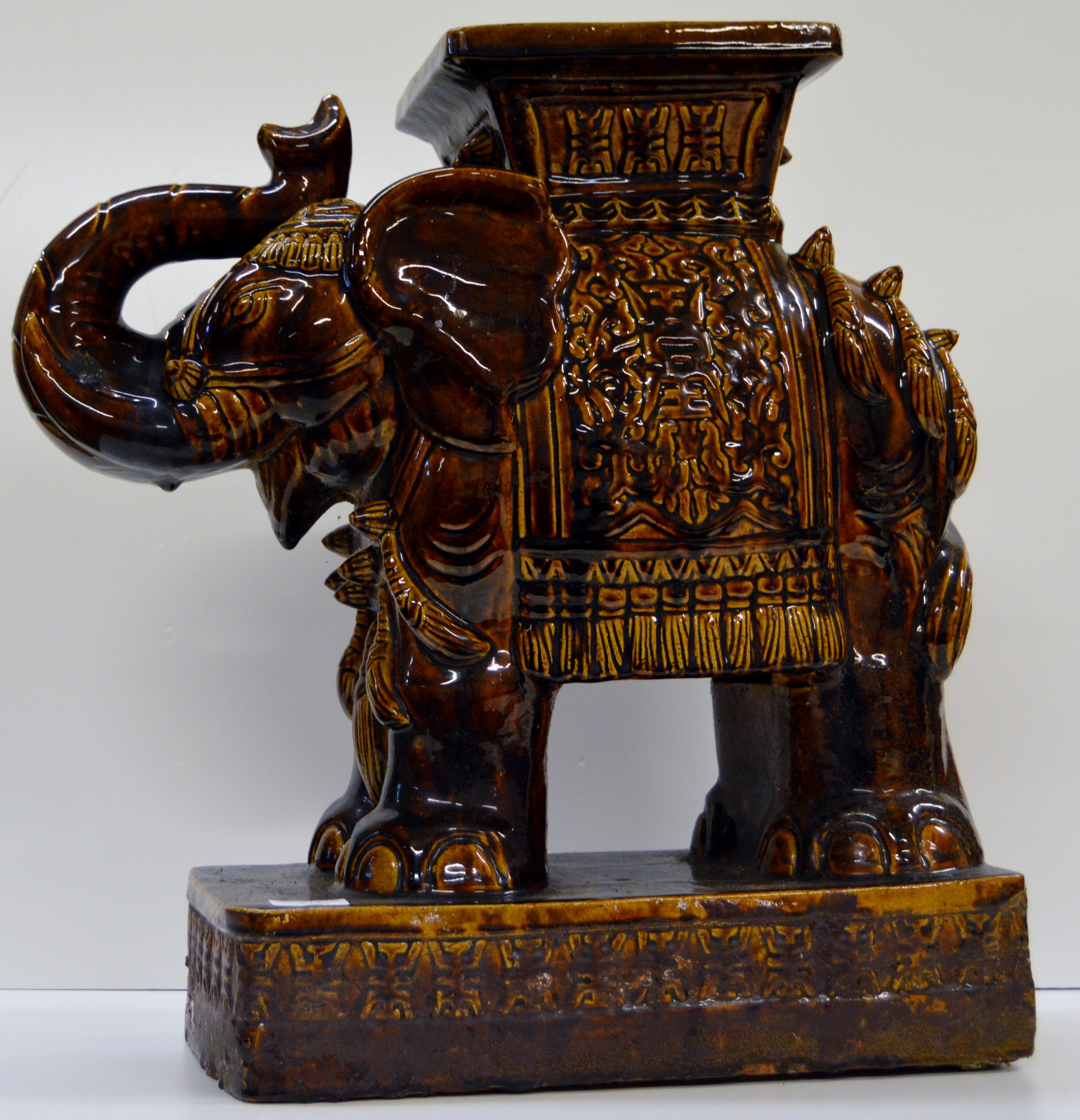 PAIR OF LARGE CHINESE CERAMIC BROWN GLAZED ELEPHANT PLANT STANDS