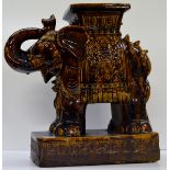 PAIR OF LARGE CHINESE CERAMIC BROWN GLAZED ELEPHANT PLANT STANDS