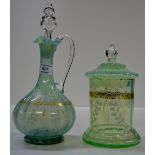 DECORATIVE VASELINE GLASS DECANTER WITH STOPPER & SIMILAR LIDDED JAR