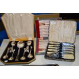 2 CASED SETS OF 6 EACH FISH KNIVES AND FORKS, CASED DESSERT SERVING SET