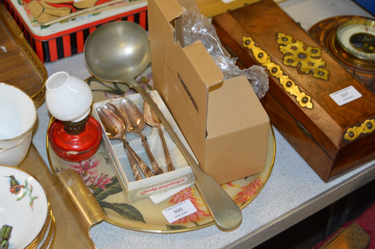 ORIENTAL STYLE TRAY, SET OF 6 E.P.N.S. TEASPOONS, MINIATURE PARAFFIN LAMP, LARGE E.P.N.S. LADLE