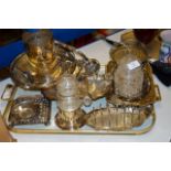 TRAY WITH LARGE QUANTITY OF VARIOUS E.P.N.S. WARE- 2 PICKLE JARS ON STANDS, TOAST RACK, ROSE HOLDER,