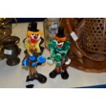 2 COLOURED GLASS CLOWN ORNAMENTS,