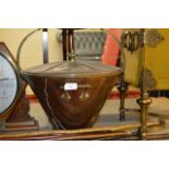 BRASS AND COPPER COAL SCUTTLE WITH WOODEN HANDLE