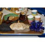 TRAY WITH HEAVY BLUE GLASS BOWL, 2 EVENING PURSES, COMBINATION BAROMETER, 3 PIECE BRUSH SET, GLASS