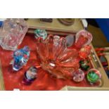 TRAY WITH GLASS DECANTER AND STOPPER, HEAVY GLASS FRUIT BOWL, 11 VARIOUS GLASS ORNAMENTS AND