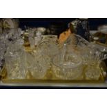 TRAY WITH QUANTITY OF VARIOUS CUT CRYSTAL WARE - VASE, BASKET, 3 FRUIT BOWLS, DECANTER AND