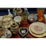 TRAY WITH PIN CUSHION, WEDGWOOD FLOWER TUBE, WEDGWOOD HEART SHAPED DISHES, ORIENTAL VASE, FIGURE