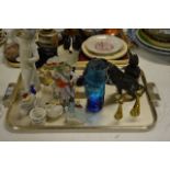 TRAY WITH FIGURE ORNAMENTS, DOG ORNAMENT, ANIMAL ORNAMENTS, BRASS CATS, CRESTED WARE, ETC