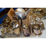 TRAY WITH 4 PIECE E.P.N.S. TEA SERVICE, 2 PICQUOT WARE TEAPOTS - 1 WITH BOX, HOTEL WARE TEAPOT AND