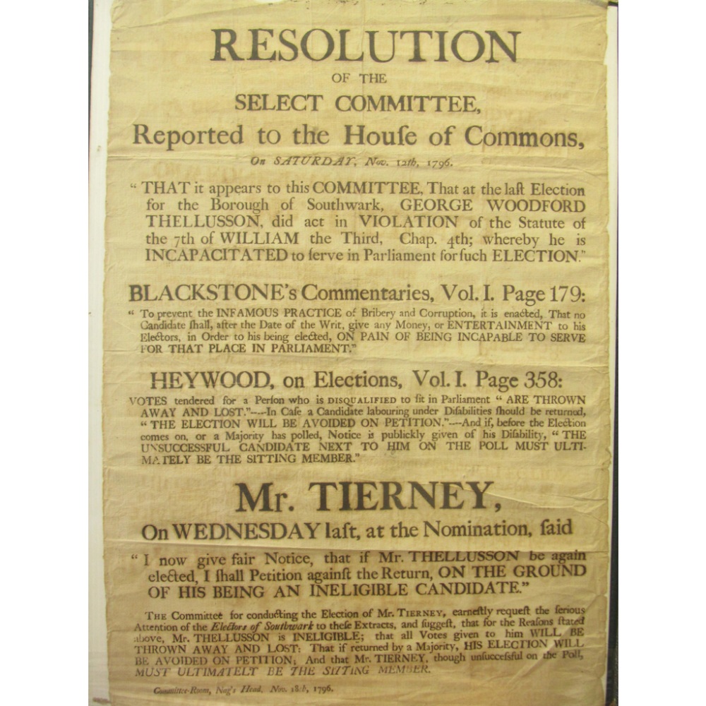 Election Corruption Poster, 1797 - Southwark, LondonResolution of the Select Committee, Reported