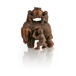 BAMBOO CARVED 'BOYS WASHING AN ELEPHANT' GROUPQING DYNASTY, 18TH CENTURYmodelled as two boys