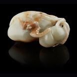 CELADON AND RUSSET JADE CARVED 'PEACH AND BAT' GROUPQING DYNASTY, 17TH/18TH CENTURYcarved in the