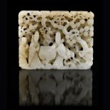 RETICULATED WHITE JADE FIGURAL PLAQUEYUAN DYNASTYcarved to show two mythical figures playing Go