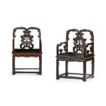 PAIR OF CARVED ZITAN AND HUALI-WOOD ARMCHAIRSQING DYNASTY, LATE 18TH/EARLY 19TH CENTURYthe shaped