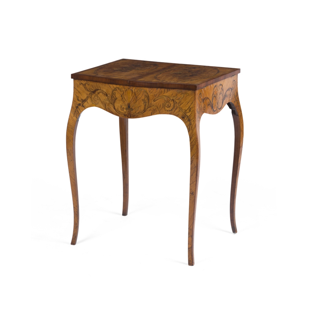 FINE GEORGE III SATINWOOD, KINGWOOD AND FRUITWOOD INLAY POUDREUSE IN THE MANNER OF VILE AND COBB