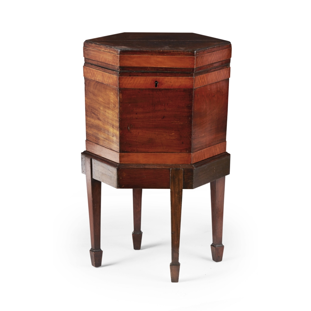 GEORGE III MAHOGANY AND SATINWOOD HEXAGONAL WINE COOLER18TH CENTURYthe hinged hexagonal top above