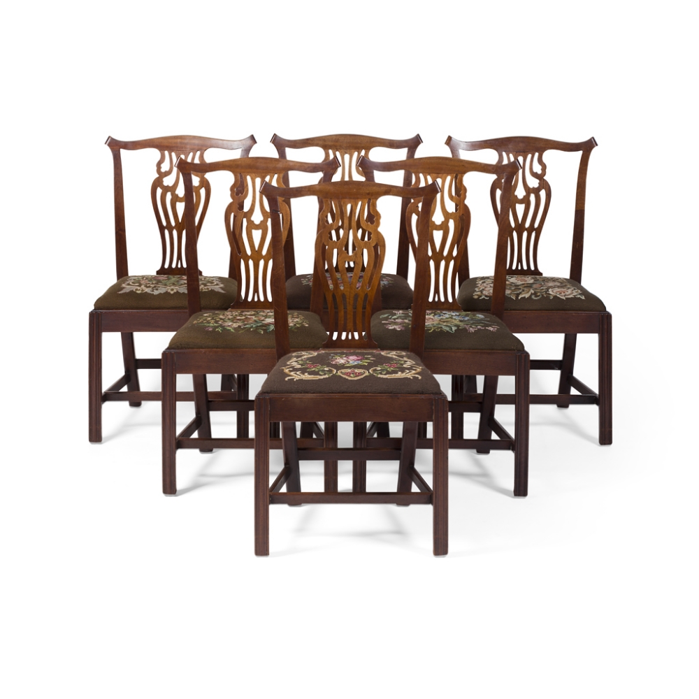 SET OF SIX GEORGE III MAHOGANY DINING CHAIRS18TH CENTURYthe serpentine top rails above pierced