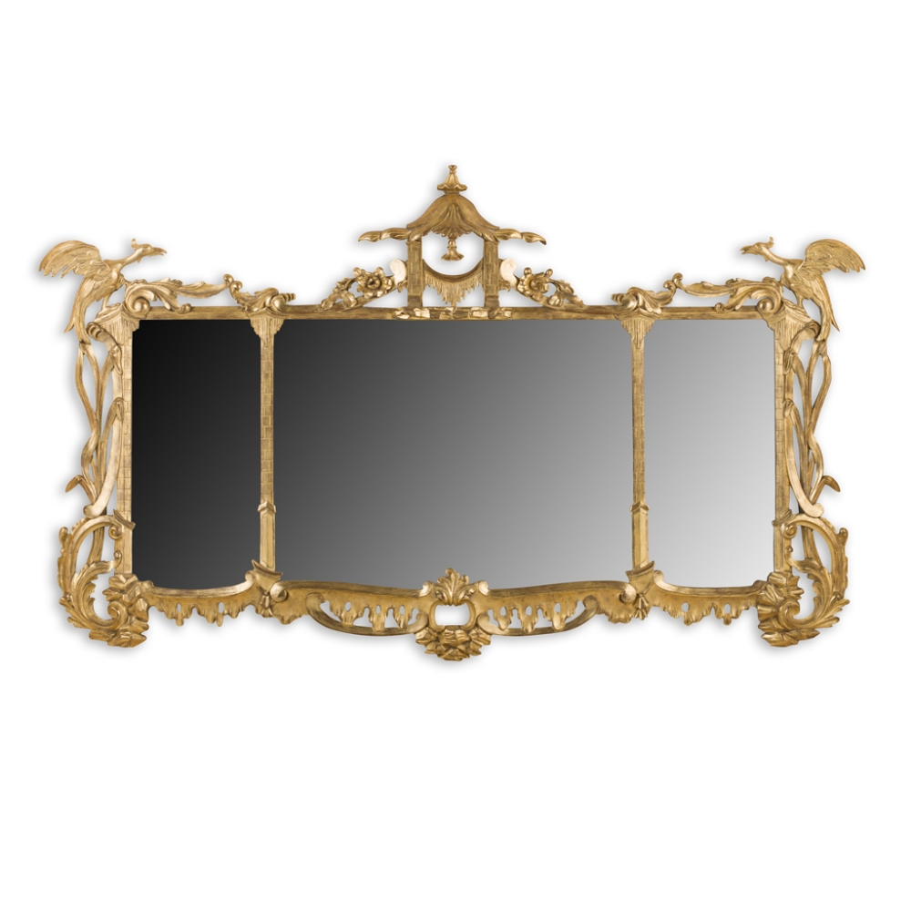 CHIPPENDALE STYLE GILTWOOD TRIPLE PLATE OVERMANTEL MIRROR19TH CENTURYthe rectangular mirror plate in