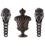THREE CARVED AND STAINED WOOD ARCHITECTURAL ELEMENTS 18TH / 19TH CENTURY comprising a pair of lions'
