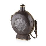 TIBETAN INLAID IRON PILGRIM FLASK AND COVER 18TH/19TH CENTURY of flattened ovoid form with brass