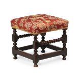 WILLIAM AND MARY OAK STOOL 17TH CENTURY the square padded seat raised on block and turned legs